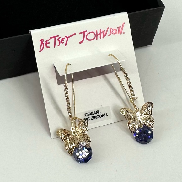 Betsey Johnson Butterfly Blue Cubic Zirconia Crystals Earrings - Picture 2 of 6
